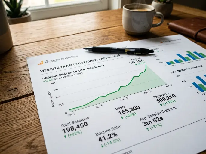 Printed Google Analytics report showing organic traffic growth from solicitor SEO UK campaign