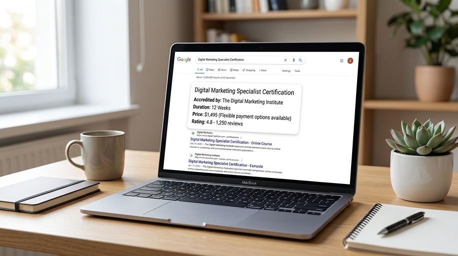 Course schema rich result in Google search for UK training provider SEO campaign