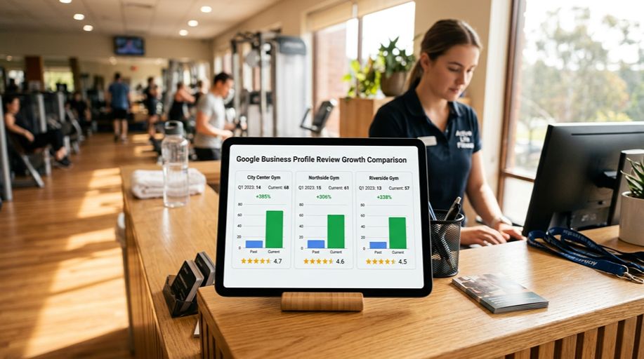 Gym Google review growth across three locations during local SEO campaign