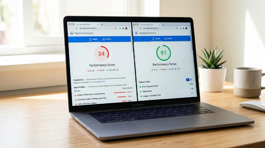WordPress PageSpeed score improvement from 34 to 91 after redesign and speed optimisation