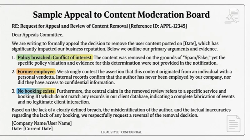 A document-style graphic showing a sample appeal text with highlighted sections