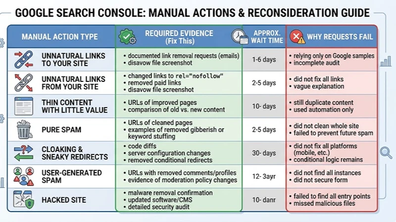 A table-style infographic showing 7 manual action types with their required evidence